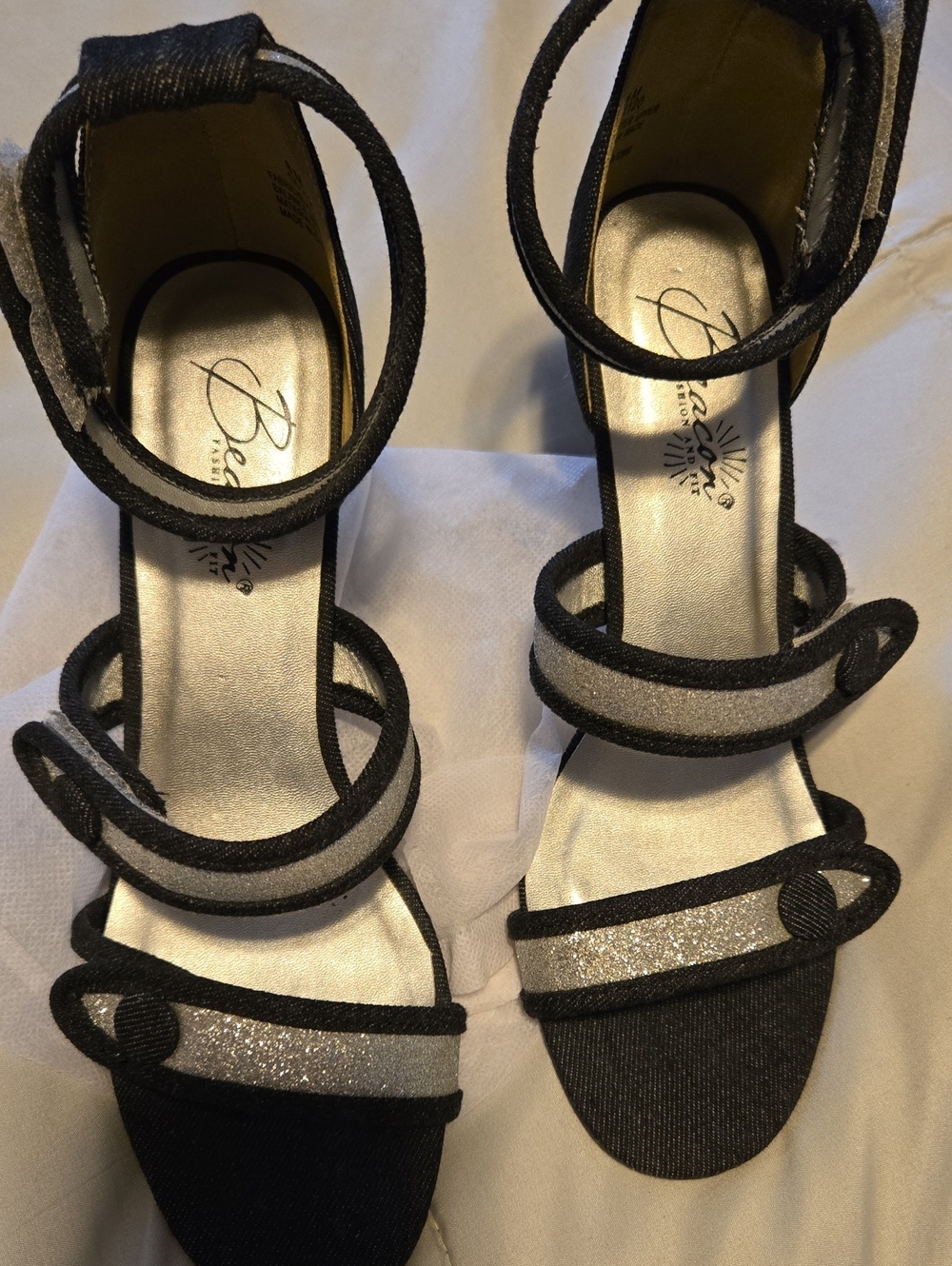 Black and Silver Glitter Multi-Strap Heeled Sandal 3 1/2 Heels.